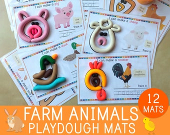May include: Twelve colorful playdough mats featuring farm animals. Each mat has a line drawing of an animal and the words "I can make a [animal name]" at the top. The mats are designed for children to use playdough to create the animals.