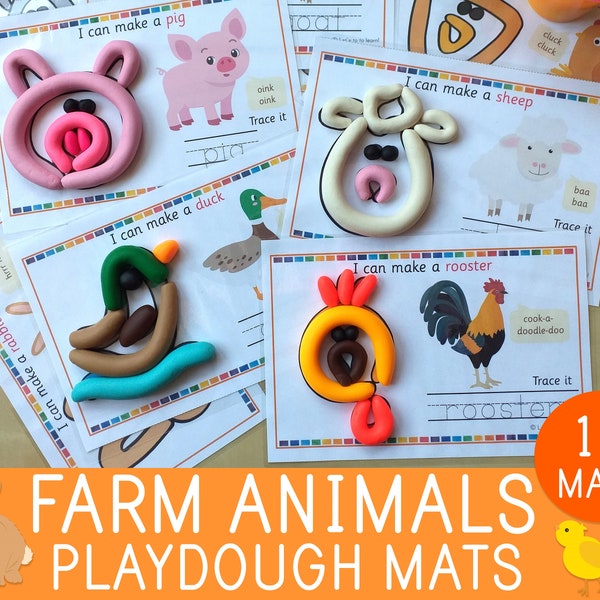 Farm Animals Playdough Mats, 12 Visual Cards, Play Doh, Toddler, Preschool Activity,Kindergarten, Party Game, Party Favors,Fine Motor Skills