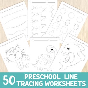 May include: A set of 50 black and white preschool line tracing worksheets. The worksheets feature various shapes, lines, and animals, such as a cat, dinosaur, and dolphin.