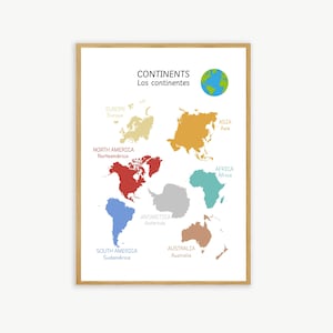 Continents Poster in English & Spanish, Bilingual Printable Poster, Classroom and Home Decor, Wall Art, Spanish Vocabulary Chart, Centers