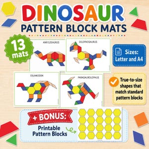 Puede incluir: Tapetes de bloques de patrones de dinosaurios con 13 hojas de actividades imprimibles con formas geométricas coloridas que forman dinosaurios como el Ankylosaurus y el Dilophosaurus. Incluye una página extra de bloques hexagonales amarillos.