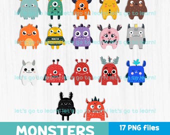 May include: A set of 17 colorful cartoon monster illustrations. The monsters are all different colors and have different features, such as horns, wings, and teeth. The illustrations are perfect for use in children's books, websites, or other creative projects.