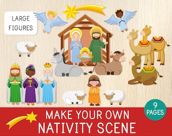 May include: A printable nativity scene craft set with large figures, including Mary, Joseph, baby Jesus, a donkey, a cow, three wise men, two sheep, a star, and three camels. The set includes 9 pages and is titled "Make Your Own Nativity Scene".