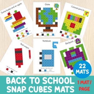 May include: Educational snap cube mats featuring designs of a globe, coloured pencils, a backpack, a notebook, a red crayon, and books with an apple. The text "BACK TO SCHOOL SNAP CUBES MATS" is displayed. Each mat is a single page.