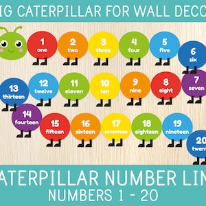Caterpillar Number Line, Numbers 1 -20 for Kids, Home & Classroom Decor, Toddler, Preschool, Kindergarten,Math Centers,Educational Printable