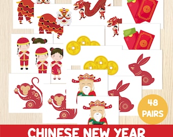 Chinese New Year Memory Game - Lunar New Year Matching Activity - Toddler, Preschool, Kindergarten Kids - Spring Festival - Printable Game