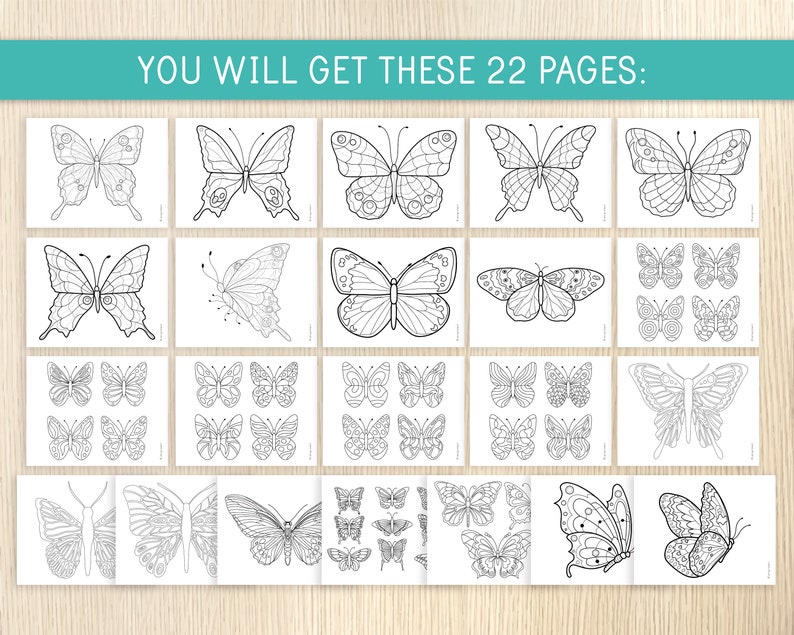 May include: A set of 22 printable coloring pages featuring various butterfly designs. Each page includes a single butterfly illustration, with some pages featuring multiple smaller butterflies.