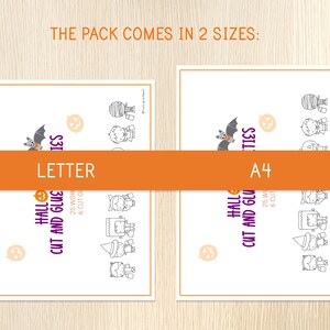 K&ouml;nnte beinhalten: Zwei wei&szlig;e Papierb&ouml;gen mit Halloween-Illustrationen und Text. Der Text lautet "Halloween Cut and Glue" und "Das Paket ist in 2 Gr&ouml;&szlig;en erh&auml;ltlich". Ein Bogen ist mit "Letter" und der andere mit "A4" beschriftet.