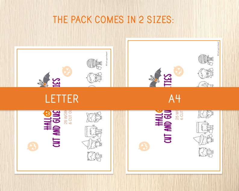 K&ouml;nnte beinhalten: Zwei wei&szlig;e Papierb&ouml;gen mit Halloween-Illustrationen und Text. Der Text lautet "Halloween Cut and Glue" und "Das Paket ist in 2 Gr&ouml;&szlig;en erh&auml;ltlich". Ein Bogen ist mit "Letter" und der andere mit "A4" beschriftet.