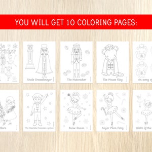 May include: Ten black and white coloring pages featuring characters and scenes from the Nutcracker ballet. The pages include Clara, the Nutcracker, Uncle Drosselmeyer, the Mouse King, an army of mice, the Snow Queen, and the Sugar Plum Fairy.
