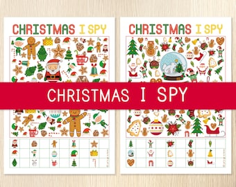 May include: Two printable Christmas I Spy game sheets. The top of each sheet has the text "CHRISTMAS I SPY" in colorful letters. The sheets are filled with festive illustrations of gingerbread men, Santa, elves, and Christmas trees.