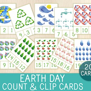 Earth Day Zählkarten, Zahlen 1-20, Zählkarten, Karteikarten, Frühlingsaktivität, Montessori-Materialien, Kleinkind, Vorschule, Ökologie