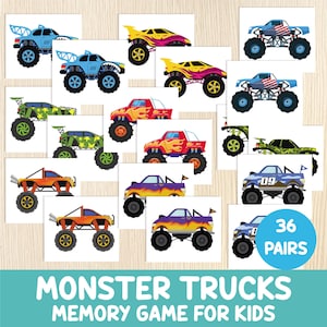 Jeu de mémoire Monster Trucks - activité d'association imprimable - tout-petit, préscolaire, maternelle, école à la maison - jeu d'anniversaire Monster Truck