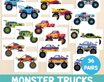 Monster Trucks Memory Game - Printable Matching Activity - Toddler, Preschool, Kindergarten, Homeschool - Monster Truck Birthday Game