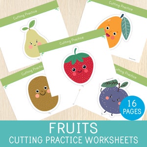 May include: A set of 16 printable worksheets featuring fruits with cute faces. Each worksheet has a dotted line for cutting practice. The fruits include a pear, kiwi, strawberry, mango, and plum.