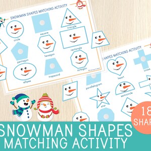 May include: Two printable worksheets for a snowman shapes matching activity. The first worksheet shows 10 different shapes with a snowman face inside each shape. The second worksheet shows 8 different shapes with a snowman face inside each shape. The text "SNOWMAN SHAPES MATCHING ACTIVITY" is at the top of each worksheet. The text "18 SHAPES" is at the bottom of the second worksheet.