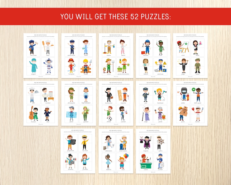 Op de afbeelding: Set van 52 printbare kaarten met illustraties van verschillende beroepen en hun bijbehorende woorden. De kaarten zijn ontworpen voor educatieve doeleinden en kunnen worden gebruikt voor matching games, woordenschatopbouw en meer.