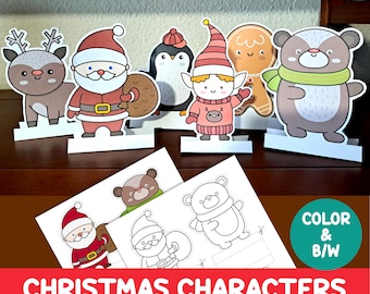Juguetes de papel con personajes navideños - Manualidades navideñas - Colorear - Juego de cortar y pegar - Muñecos de papel navideños de pie