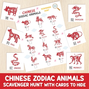 Caça ao tesouro de animais do zodíaco chinês com cartas para esconder - Caça ao tesouro do ano novo lunar - Atividade de festa do ano novo chinês - Jogo para crianças