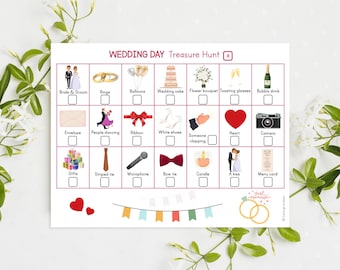 Puede incluir: Un juego de búsqueda del tesoro imprimible para el día de la boda con una lista de verificación de elementos para encontrar, que incluyen una novia y un novio, anillos, globos, pastel de bodas, ramo de flores, copas para brindar, bebida espumosa, sobre, personas bailando, cinta, zapatos blancos, alguien aplaudiendo, corazón, cámara, regalos, corbata a rayas, micrófono, pajarita, vela, un beso y un menú.