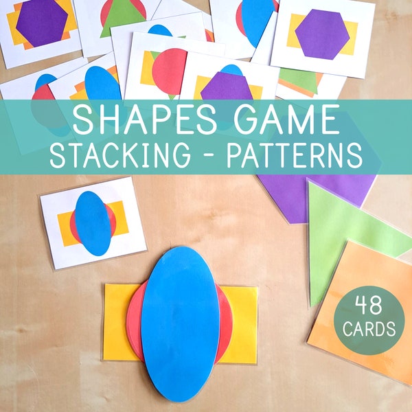 Patterns With Shapes, Stacking Shapes, Busy Bags Idea, Visual Skills, Preschool, Kindergarten, Math Task Cards,  Educational Printable