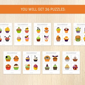May include: Halloween-themed matching puzzles featuring illustrated cupcakes with spooky designs. The image shows multiple cards with various cupcake pairs, including bats, ghosts, and pumpkins. Text at the top reads "YOU WILL GET 36 PUZZLES:"