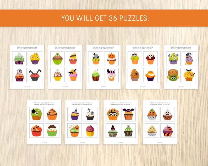 May include: Halloween-themed matching puzzles featuring illustrated cupcakes with spooky designs. The image shows multiple cards with various cupcake pairs, including bats, ghosts, and pumpkins. Text at the top reads "YOU WILL GET 36 PUZZLES:"