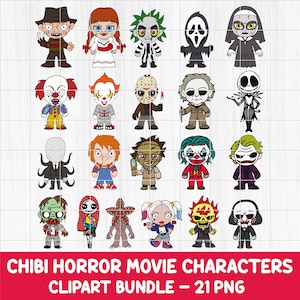 May include: A digital collection of 21 chibi-style horror movie characters arranged in a grid, featuring iconic figures like a striped-sweater villain, a doll, a clown, a masked slasher, and a skeleton. The text CHIBI HORROR MOVIE CHARACTERS CLIPART BUNDLE - 21 PNG appears below.