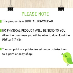 Op de afbeelding: Een witte achtergrond met groene tekst die "PLEASE NOTE" luidt. De tekst hieronder luidt "Dit product is een DIGITALE DOWNLOAD. ER WORDT GEEN FY SIEK PRODUCT NAAR U VERZONDEN. Na aankoop kunt u het PDF- of ZIP-bestand downloaden. U kunt onze printables thuis afdrukken of ze naar een print- of kopieerwinkel brengen."