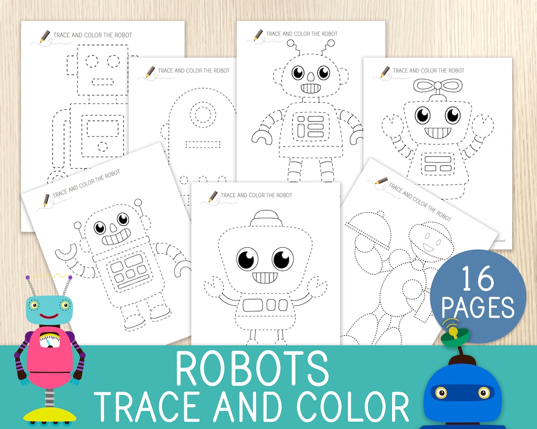 Robots, Trace and Color Worksheets, Coloring Pages, Tracing Practice