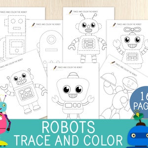 Robots Trace & Color Worksheets - Coloring Pages - Tracing Practice - Preschool, Kindergarten - Fine Motor Skills - Robots Birthday Party