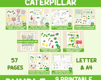 Very Hungry Caterpillar BUNDLE, Worksheets, Tracing, Cutting, Games, Coloring Pages, Reward Chart, Matching Activity, Toddler, Preschool