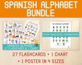 Spanish Alphabet BUNDLE, 27 Flashcards, 1 Chart & 1 Pronunciation Poster, Spanish Classroom and Home Decor, Preschool, Kindergarten, Kids