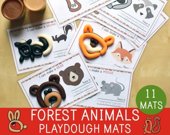 Forest Animals Playdough Mats, Play Dough Activities, Preschool, Kindergarten, Woodland Animals Task Cards, Fine Motor Skills, Montessori