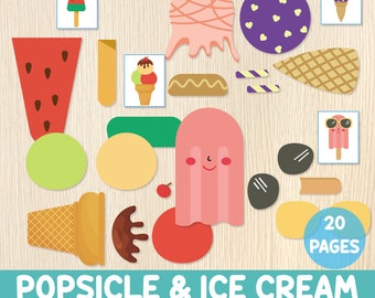 Activités pour découper et coller de la crème glacée - Sucettes glacées - Préscolaire, maternelle - Compétences ciseaux - Pratique de la découpe - Travaux manuels en papier - Feuilles de travail d'été