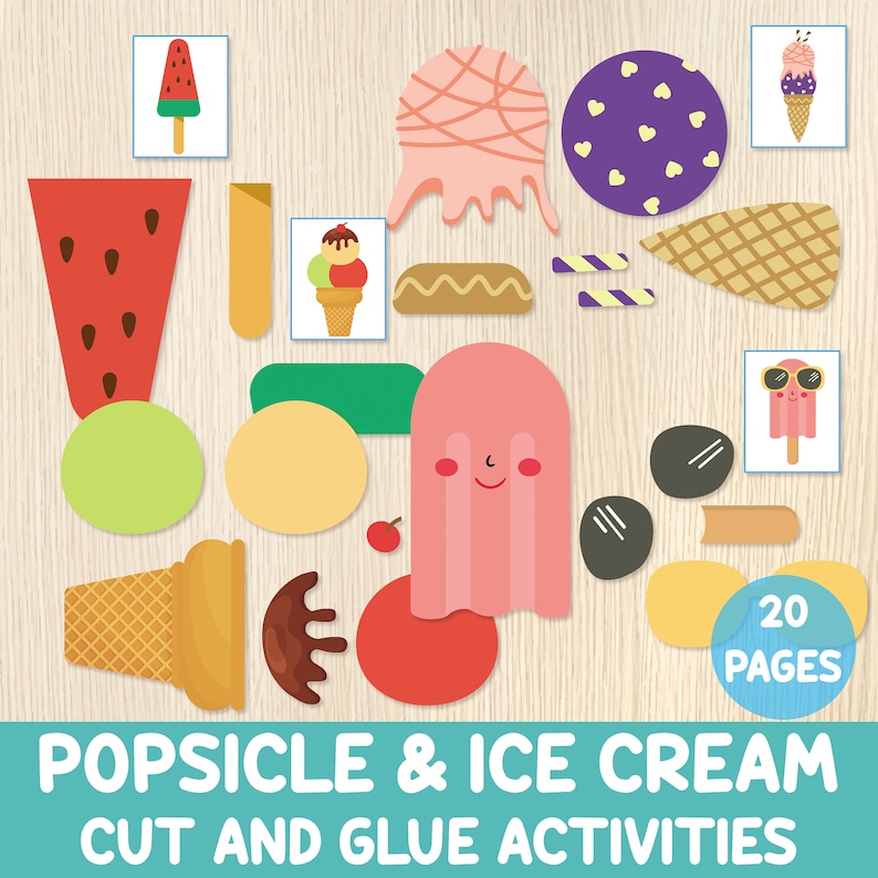 Peut inclure: Un ensemble de 20 pages imprimables pour une activit&eacute; de d&eacute;coupage et de collage de sucettes glac&eacute;es et de glaces. Les pages pr&eacute;sentent des illustrations color&eacute;es de sucettes glac&eacute;es, de cornets de glace, de past&egrave;que et d'autres friandises d'&eacute;t&eacute;.