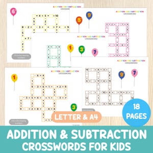 May include: A collection of 18 printable pages featuring addition and subtraction crossword puzzles for kids. Each page displays maths equations in a grid format with colourful balloon illustrations, labelled Letter and A4 size, and text ADDITION AND SUBTRACTION CROSSWORD.