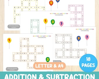 Addition and Subtraction Crosswords for Kids - Preschool & Kindergarten Math Worksheets - Centers Game - Math Puzzles - Educational Activity