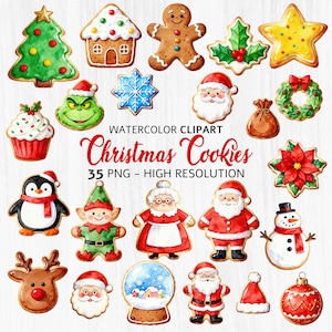 Puede incluir: Clipart de acuarela de varias galletas navideñas, incluyendo un hombre de jengibre, Papá Noel, un árbol de Navidad y un muñeco de nieve. La imagen también incluye el texto "Christmas Cookies".