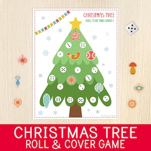Gioco stampabile "Roll and Cover" di Natale, Albero di Natale, Gioco dei dadi di Natale, Numeri, Esercizi di matematica, Centri prescolari, Attività per feste di Natale