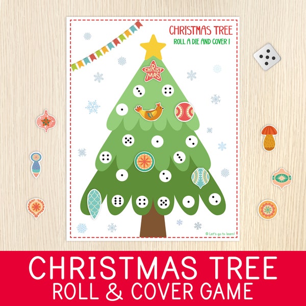 Christmas Roll and Cover Printable Game, Christmas Tree, Xmas Dice Game, Numbers, Math Worksheet, Preschool Centers,Christmas Party Activity