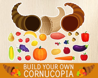 Thanksgiving Game, Build Your Own Cornucopia or Horn of Plenty, Worksheet for Kids, Fall - Autumn Papercraft, Educational Printable Activity