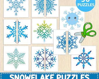 May include: A set of printable snowflake puzzles featuring various blue and green snowflake designs on white square cards. The image includes a pair of green scissors and a blue circle with the text 56 PUZZLES. The bottom banner reads SNOWFLAKE PUZZLES WINTER MATCHING GAME.