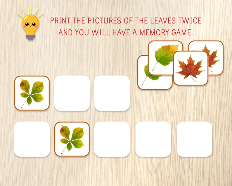 Puede incluir: Un juego de memoria imprimible con im&aacute;genes de hojas de oto&ntilde;o. El juego incluye dos de cada hoja: una hoja amarilla y verde, una hoja roja y naranja y una hoja marr&oacute;n y verde.
