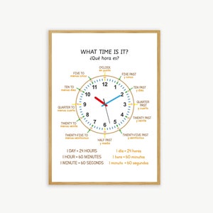 Time Poster, Telling Time, English-Spanish Poster, Bilingual, What Time Is It?, Classroom and Home Decor, Elementary School, ESL, EFL