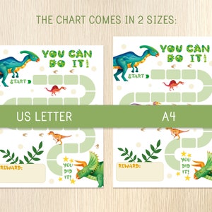 Puede incluir: Un gr&aacute;fico de recompensas imprimible con tem&aacute;tica de dinosaurios con un esquema de color verde y azul. El gr&aacute;fico presenta un dinosaurio con el texto "You Can Do It!" y un camino con espacios para pegatinas u otras recompensas. El gr&aacute;fico est&aacute; disponible en dos tama&ntilde;os: US Letter y A4.