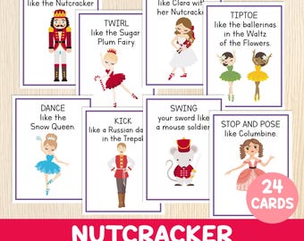 Könnte beinhalten: 24 bunte Karten mit Illustrationen von Figuren aus dem Nussknacker-Ballett. Jede Karte enthält eine Bewegungsanweisung, wie z. B. "Marschiere wie der Nussknacker" oder "Gehe auf Zehenspitzen wie die Ballerinas im Walzer der Blumen."