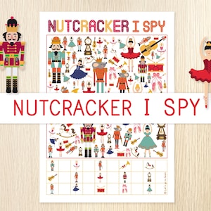 May include: A printable Nutcracker I Spy game with a grid of 36 squares. The grid is filled with images of Nutcrackers, ballerinas, mice, and other Nutcracker-themed items. The game is designed for children to find the hidden items.