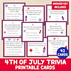 Trivia del 4 de julio - 42 tarjetas de preguntas - Juego de fiesta del Día de la Independencia - Preguntas patrióticas - 4 de julio - Historia de EE. UU. - Juego familiar