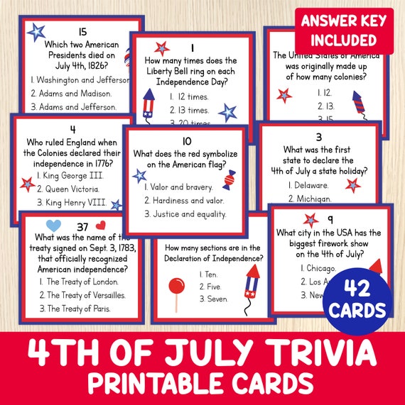 4th of July Trivia - 42 Question Cards - Independence Day Party Game - Patriotic Questions - Fourth of July - USA History - Family Game